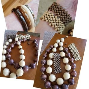 Boho Artisan Wooden Jewelry Set 2Necklaces 2 Bracelets Ivory Browns +4 Gifts New